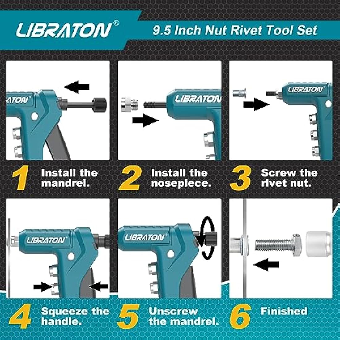 Libraton 9.5" Rivet Nut Tool Kit | One-Handed Riveter with 40 Nuts