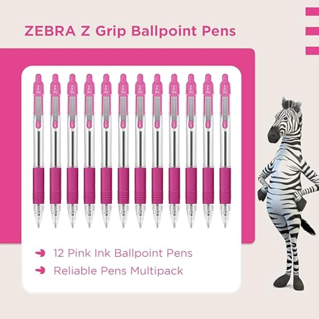 Zebra Z-Grip Retractable Ballpoint Pens, Pink Ink, Medium Point, 12pk
