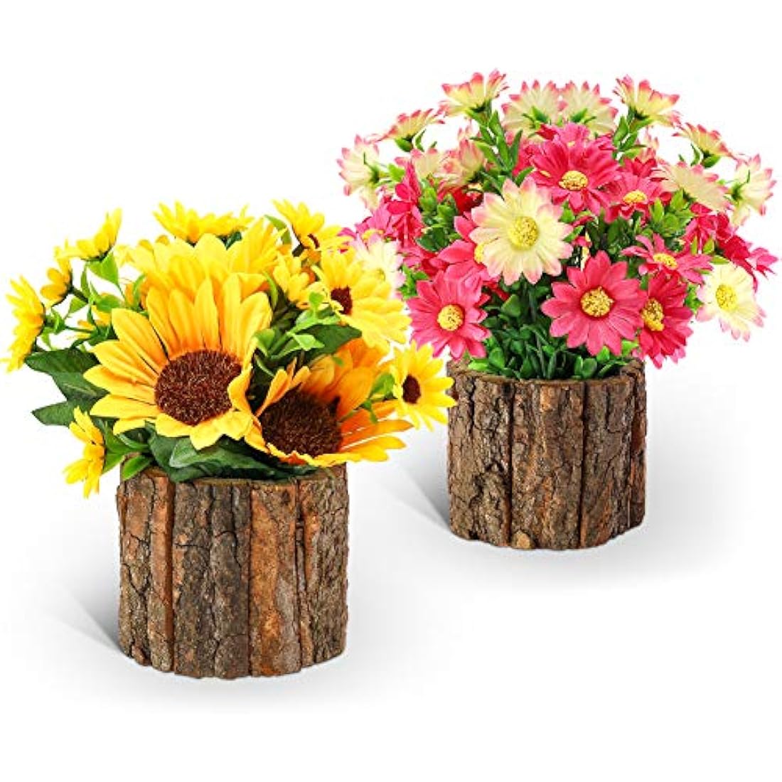 Artificial Sunflowers | Potted Fake Plants with Bark Pots
