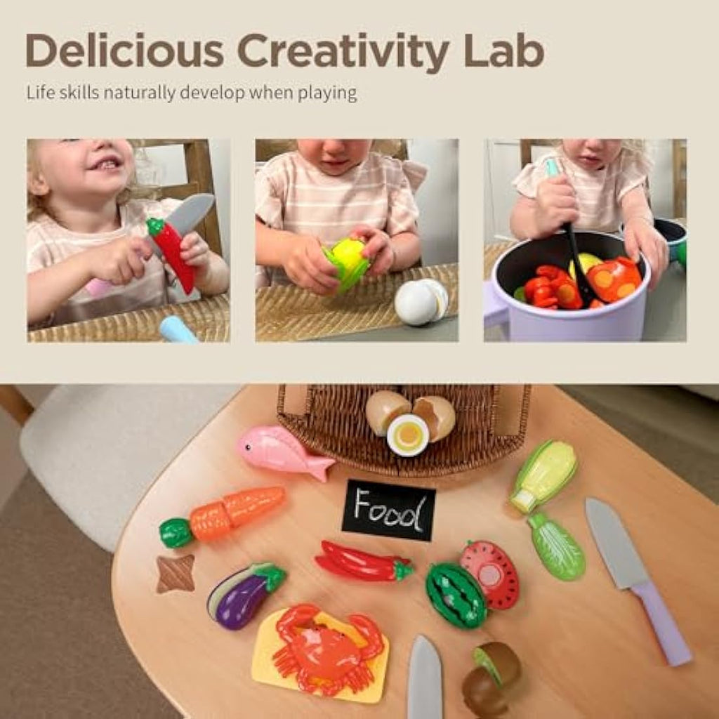 GILOBABY Kids Kitchen Pretend Play Set – Cutting Food & Cookware Toys