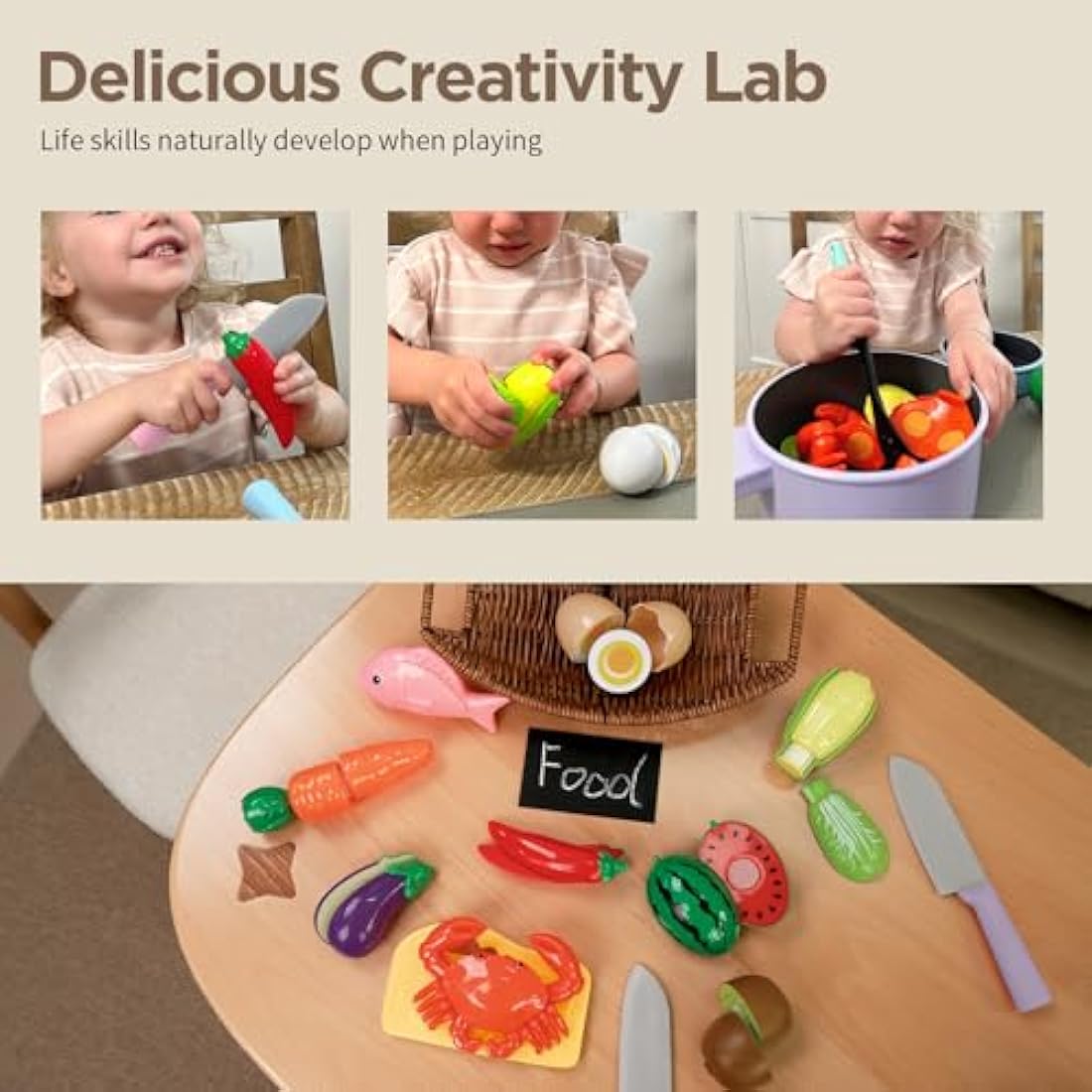 GILOBABY Kids Kitchen Pretend Play Set – Cutting Food & Cookware Toys