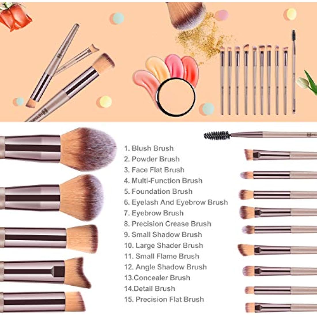 HEYMKGO 15 Pcs Professional Makeup Brush Set with Bag – Champagne Gold