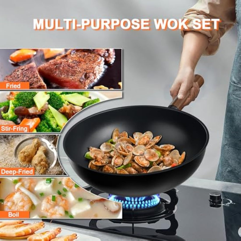 Jobin 28cm Non-Stick Aluminium Wok with Lid | Induction Stir-Fry Pan