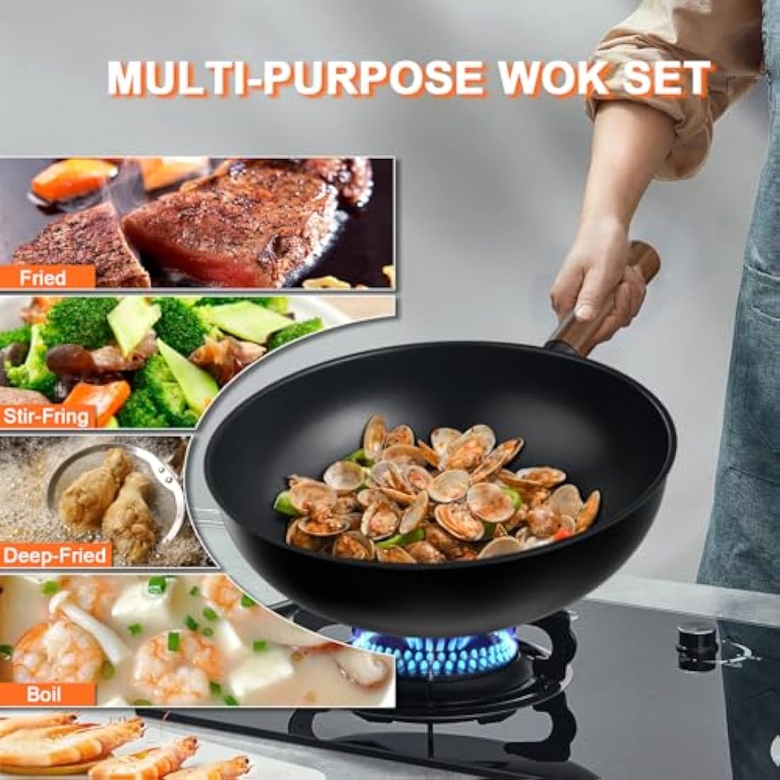 Jobin 28cm Non-Stick Aluminium Wok with Lid | Induction Stir-Fry Pan