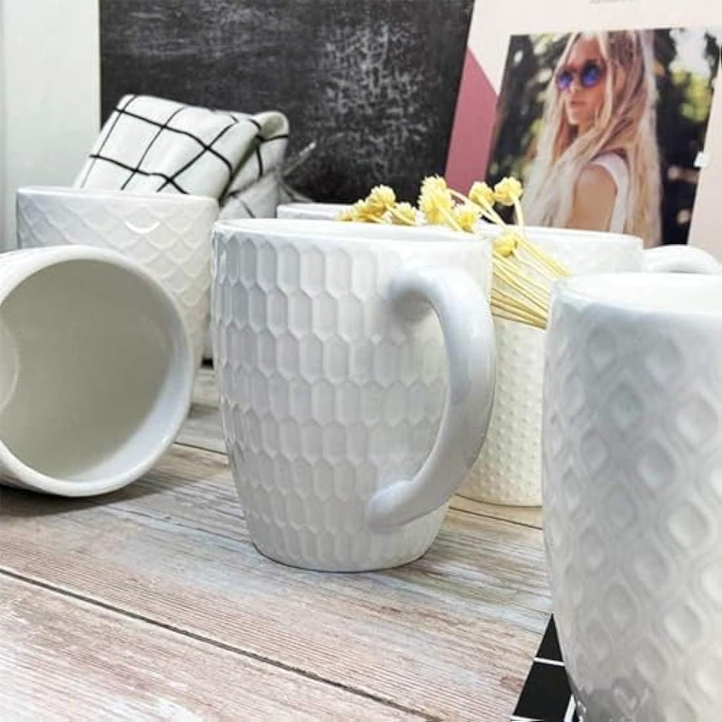 Hoikwo Bone China Coffee Mugs Set of 6 – 13oz White Embossed Cups