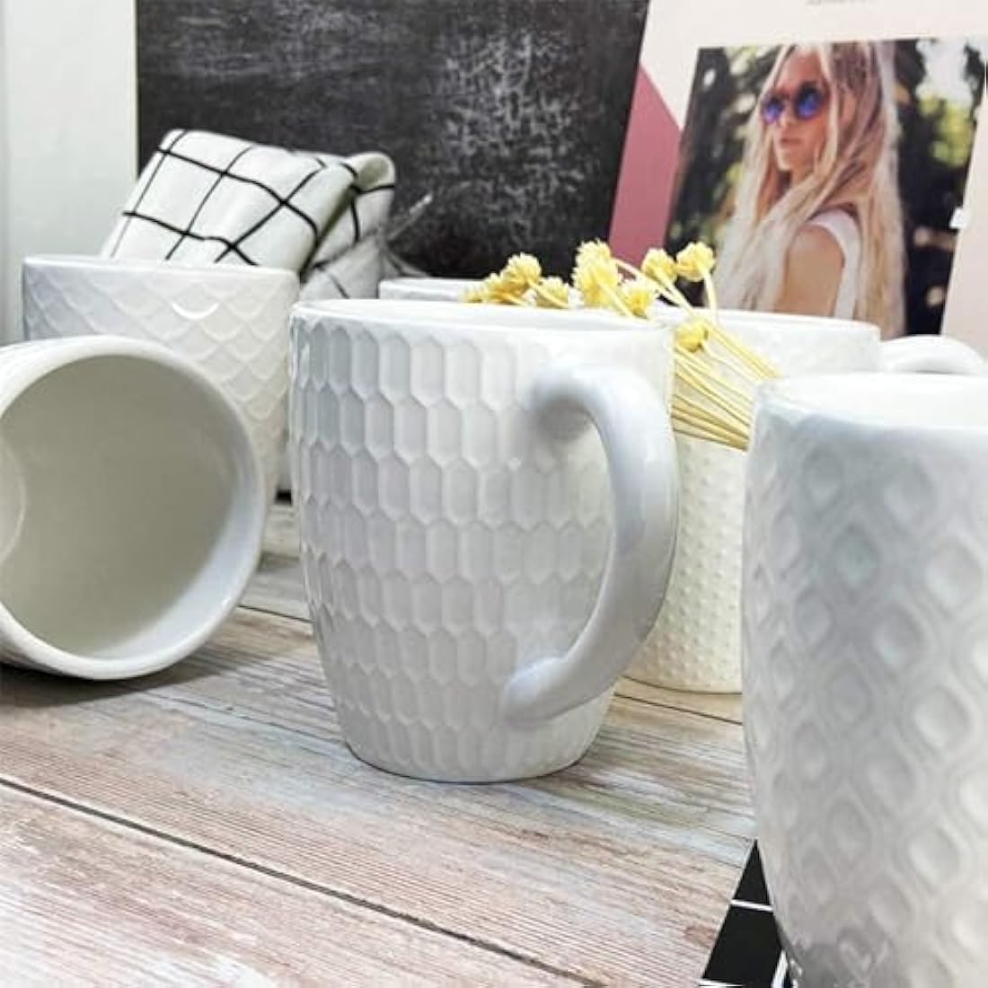 Hoikwo Bone China Coffee Mugs Set of 6 – 13oz White Embossed Cups