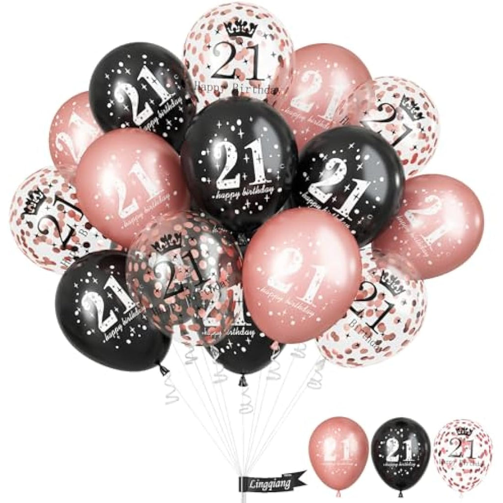 21st Birthday Balloons – 15 Pcs Rose Gold & Black Latex