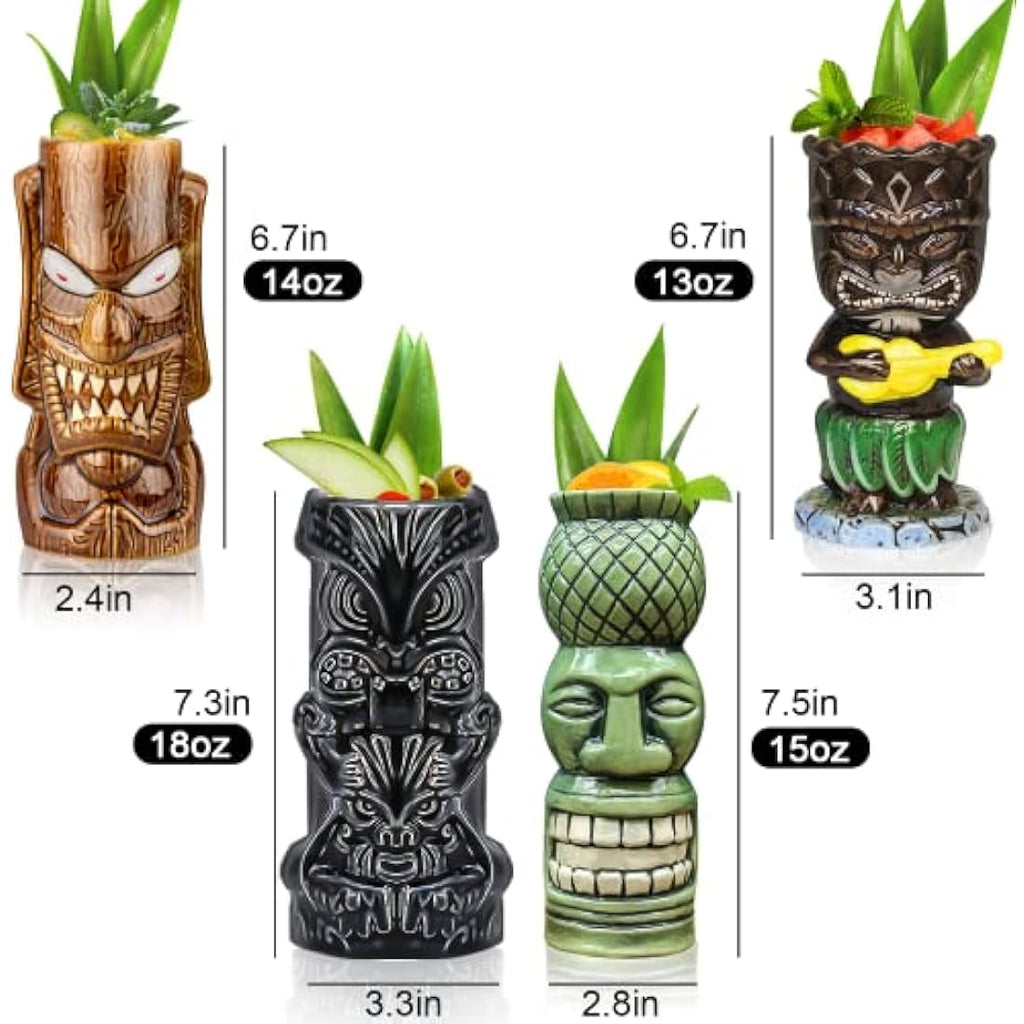 Jolof Store Tiki Mugs – Set of 4 Large Ceramic Hawaiian Cocktail Glasses