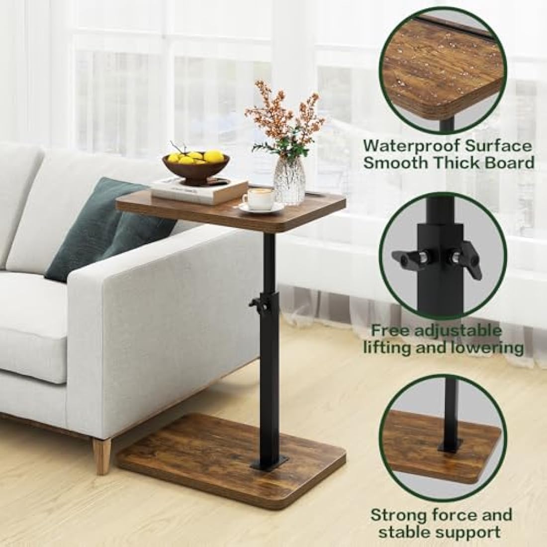 IBUYKE C Shaped Side Table – Swivel Height Adjustable End Table, Retro Brown