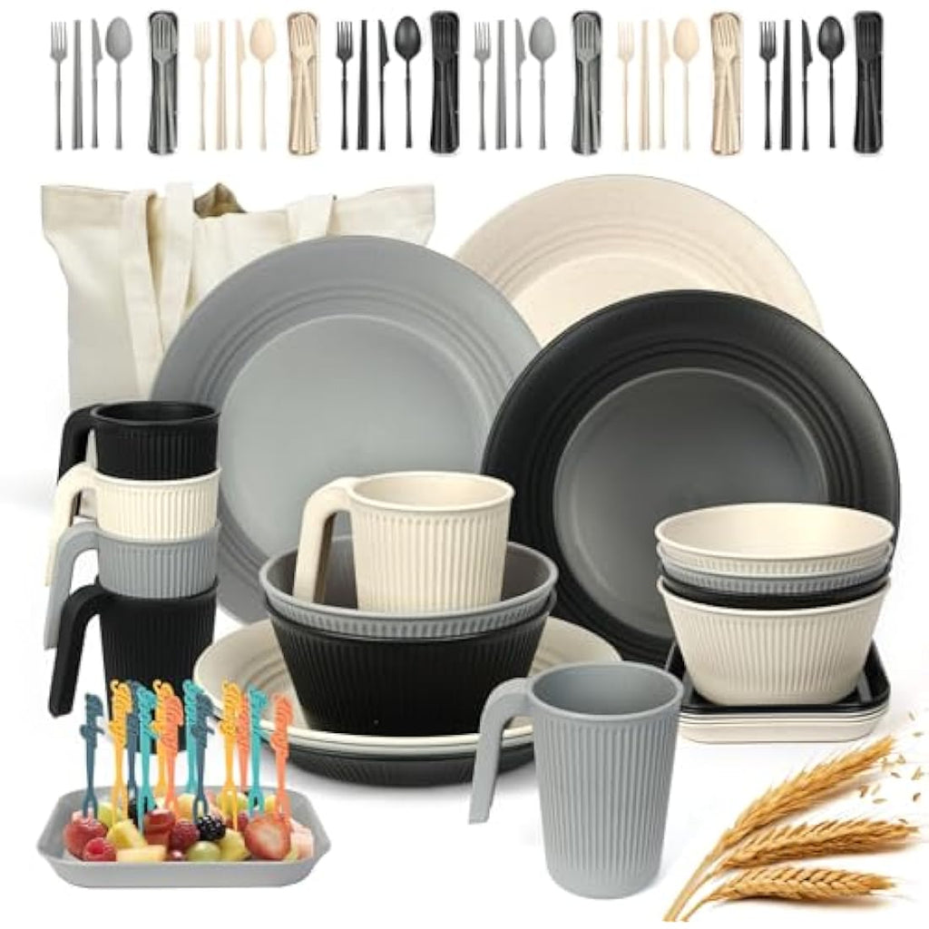 UHAPEER 67Pcs Camping Dinner Set for 6 – Unbreakable Plastic Picnic Set