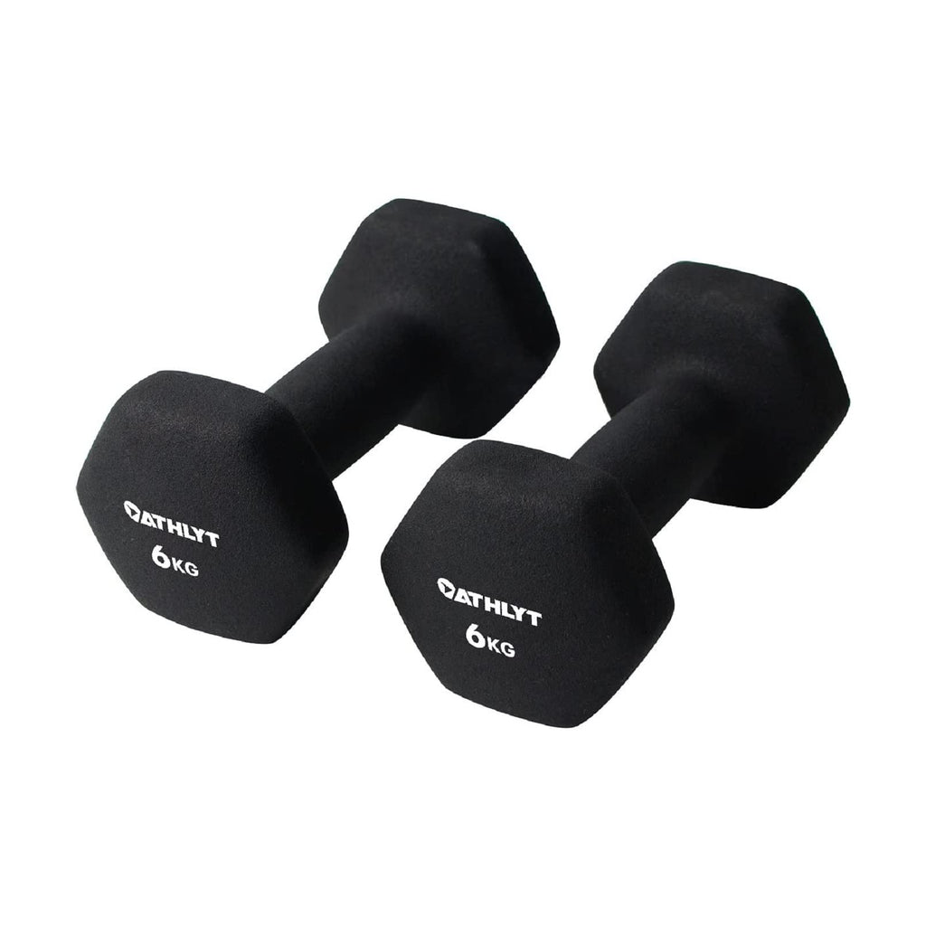 Athlyt Neoprene Dumbbell Weights – 2 x 6kg Hexagonal Black Hand Weights