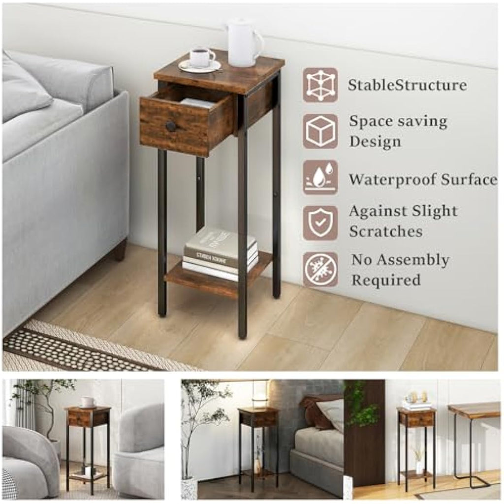 IBUYKE Narrow Nightstand Set of 2 | Slim Industrial Bedside Table, Brown