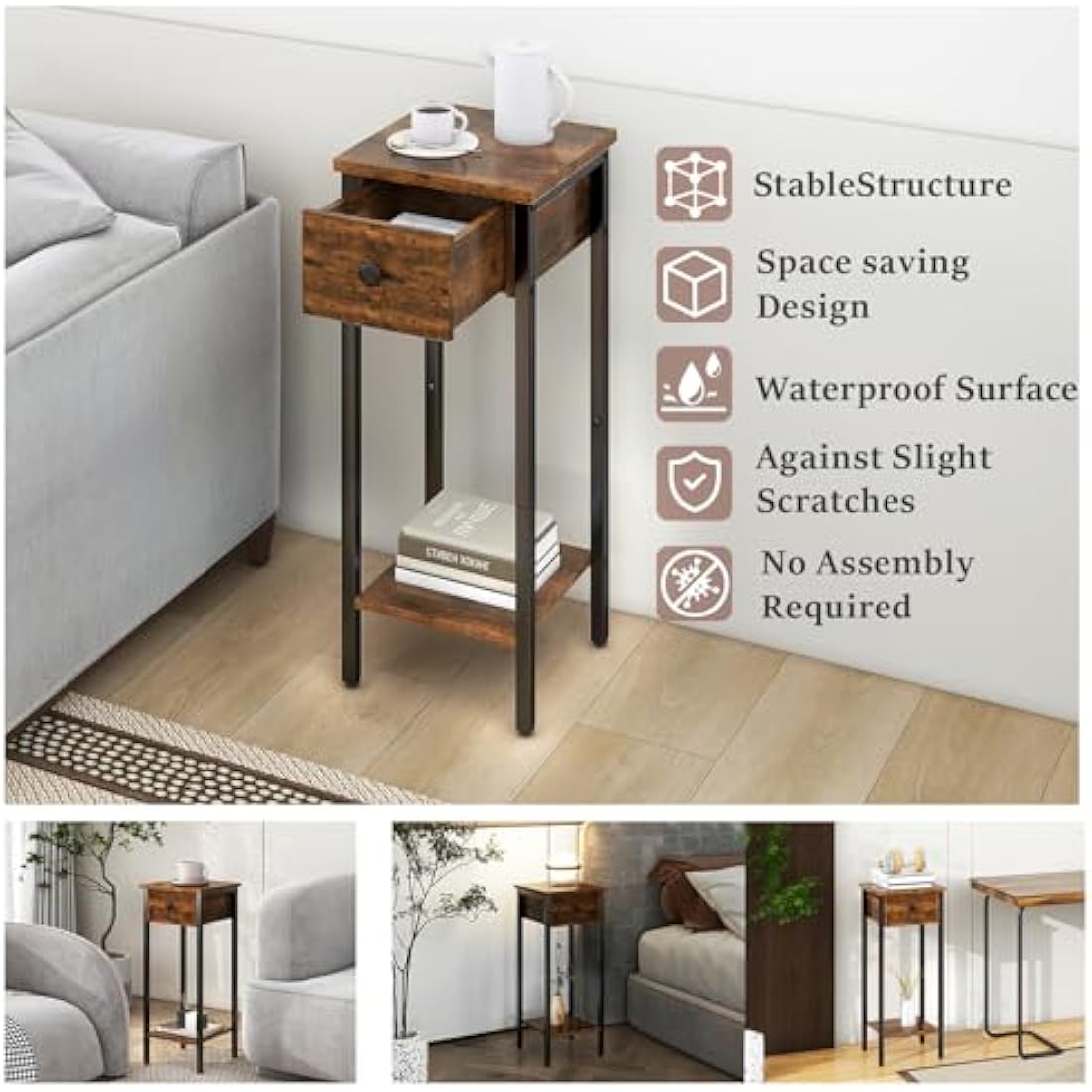 IBUYKE Narrow Nightstand Set of 2 | Slim Industrial Bedside Table, Brown