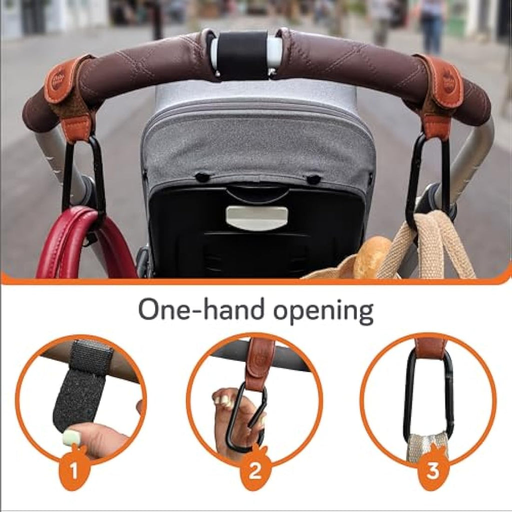 Baby Uma Faux Leather Buggy Clips – Universal Pram Hooks (2 Pack) Camel