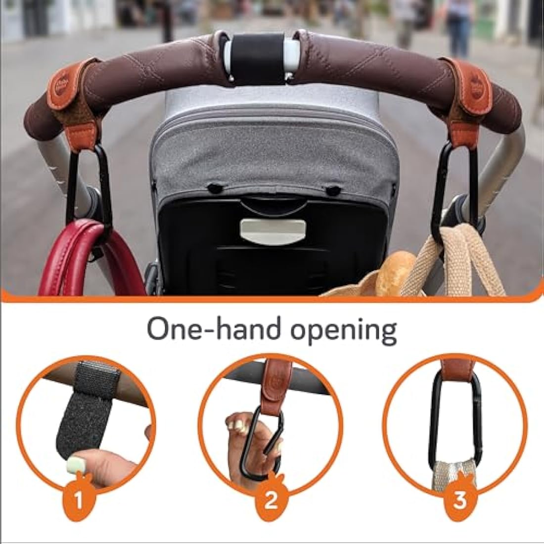 Baby Uma Faux Leather Buggy Clips – Universal Pram Hooks (2 Pack) Camel