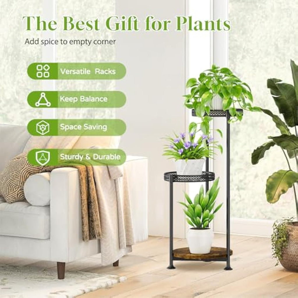 3-Tier Corner Plant Stand – Metal & Wood Flower Display Rack