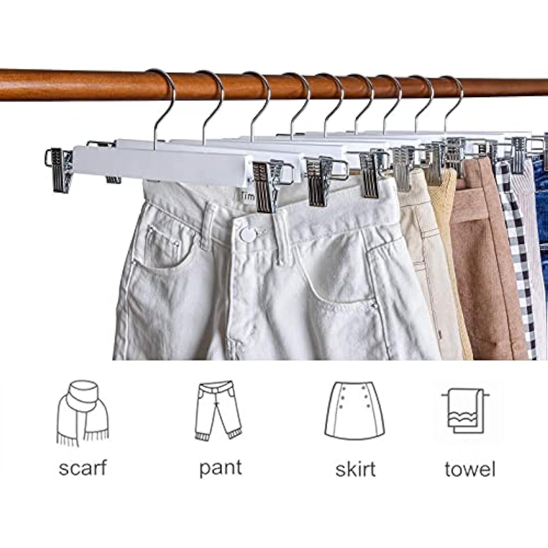 Amber Home White Wooden Pants Hangers with Adjustable Clips - 20 Pack