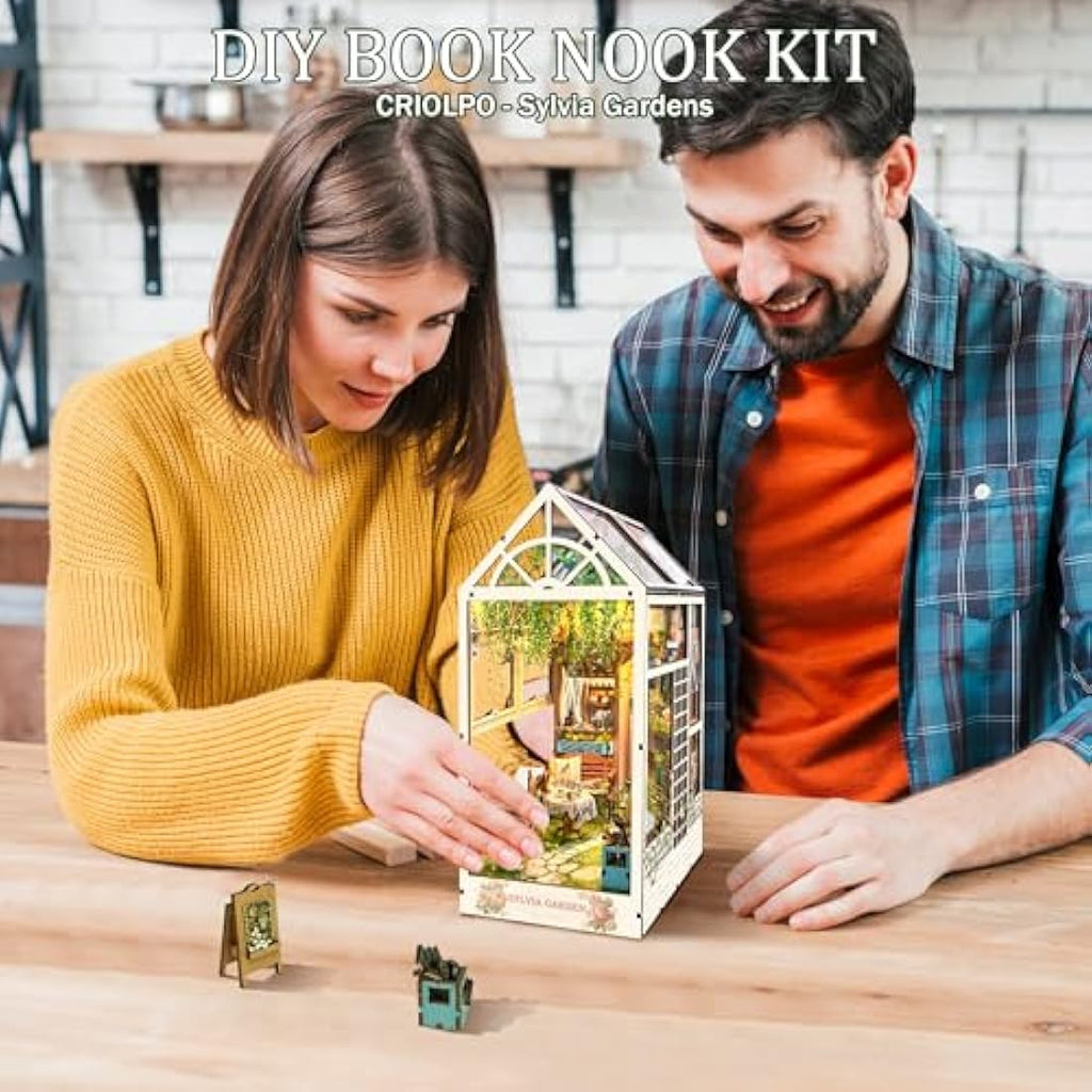 CRIOLPO Tea Time Garden Book Nook Kit - 3D Wooden Miniature with LED