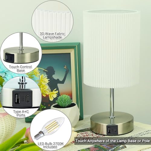 HSLighting Touch Control Bedside Lamps with USB A+C Ports, 2 Pack