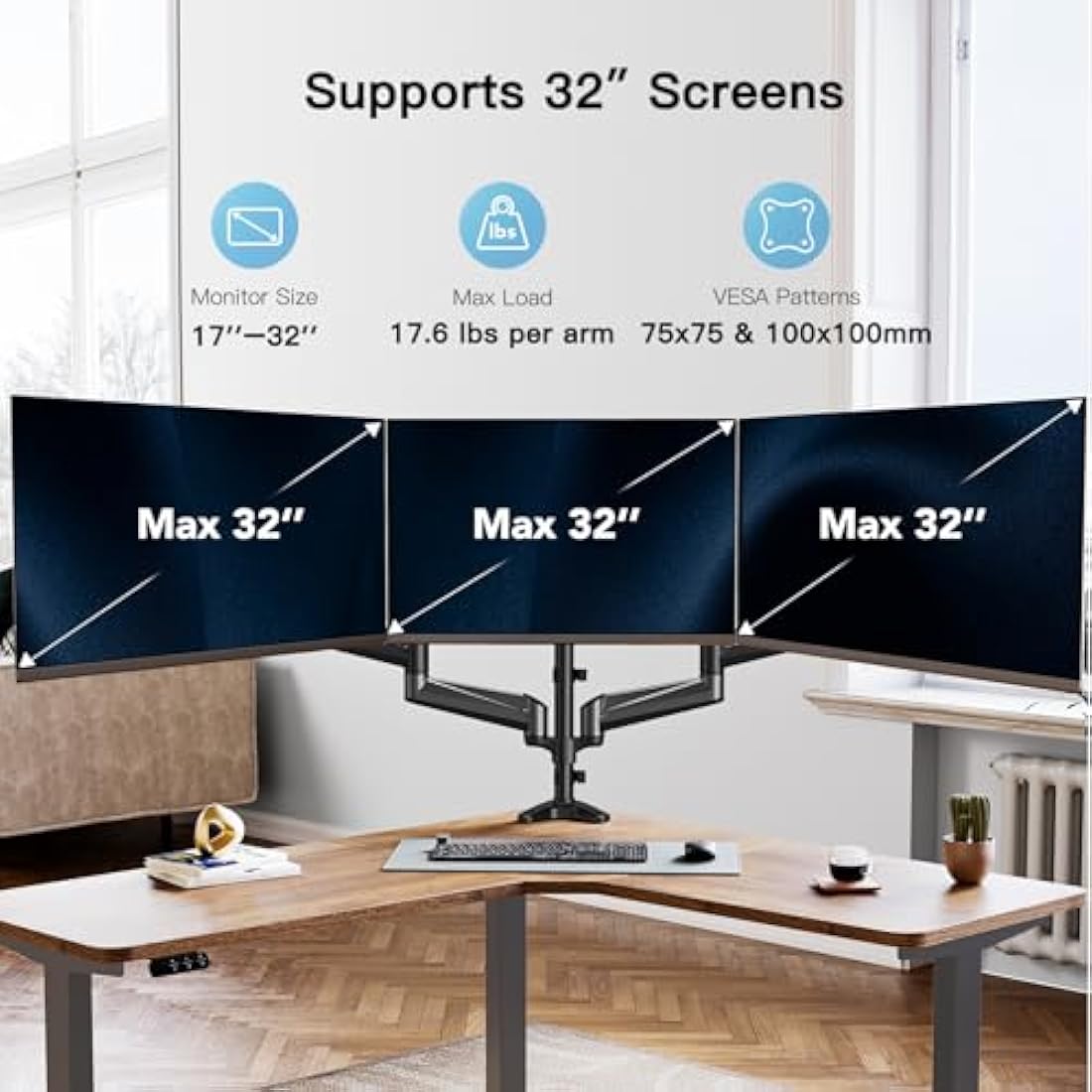 HUANUO Triple Monitor Stand | Gas Spring Desk Mount for 17-32 Inch Screens