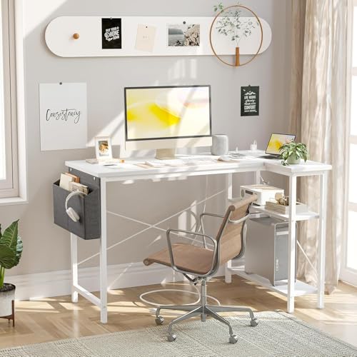 BEXEVUE L-Shaped Corner Desk with Power Outlets and Storage Shelves