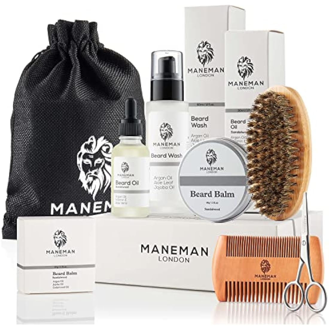 Maneman London Beard Grooming Kit - 7 Piece Natural Gift Set for Men