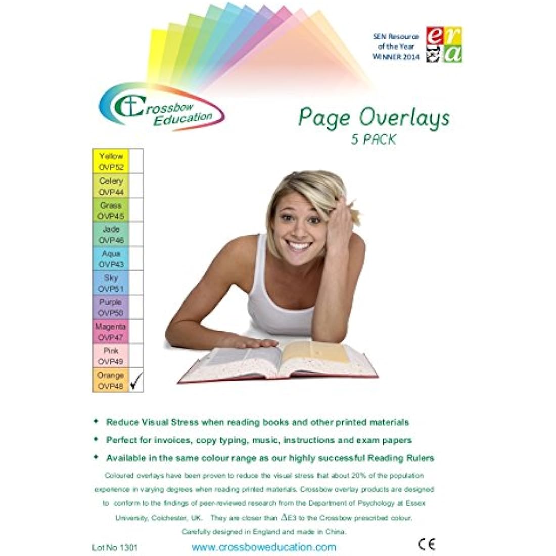 Crossbow Education Dyslexia Reading Overlays – Orange PET (5 Pack)