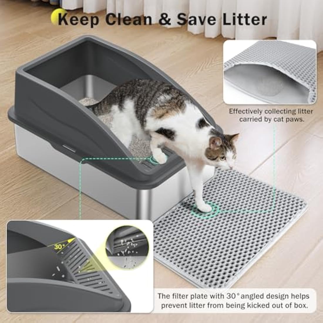 FURTIME Stainless Steel Cat Litter Box – Extra Large High Sided Tray
