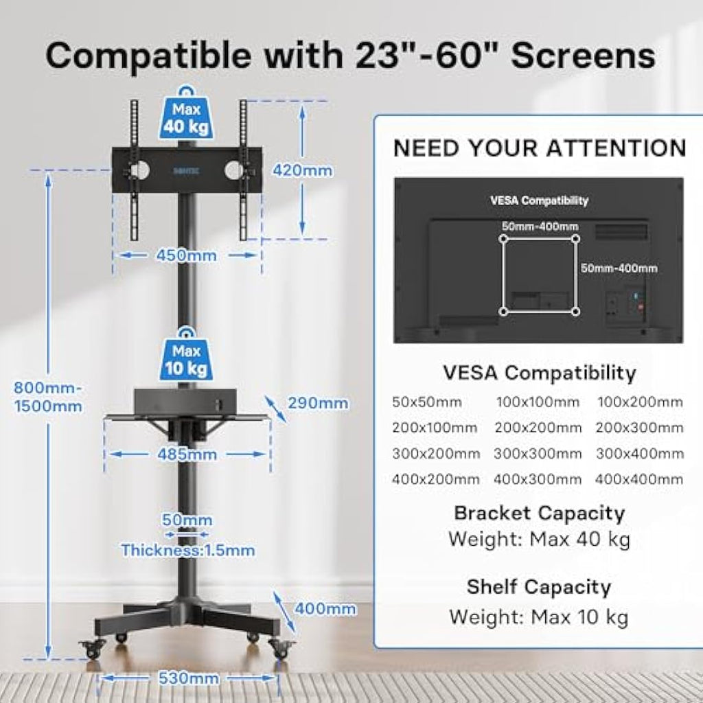 BONTEC Mobile TV Stand on Wheels for 23-60 inch LCD LED Screens