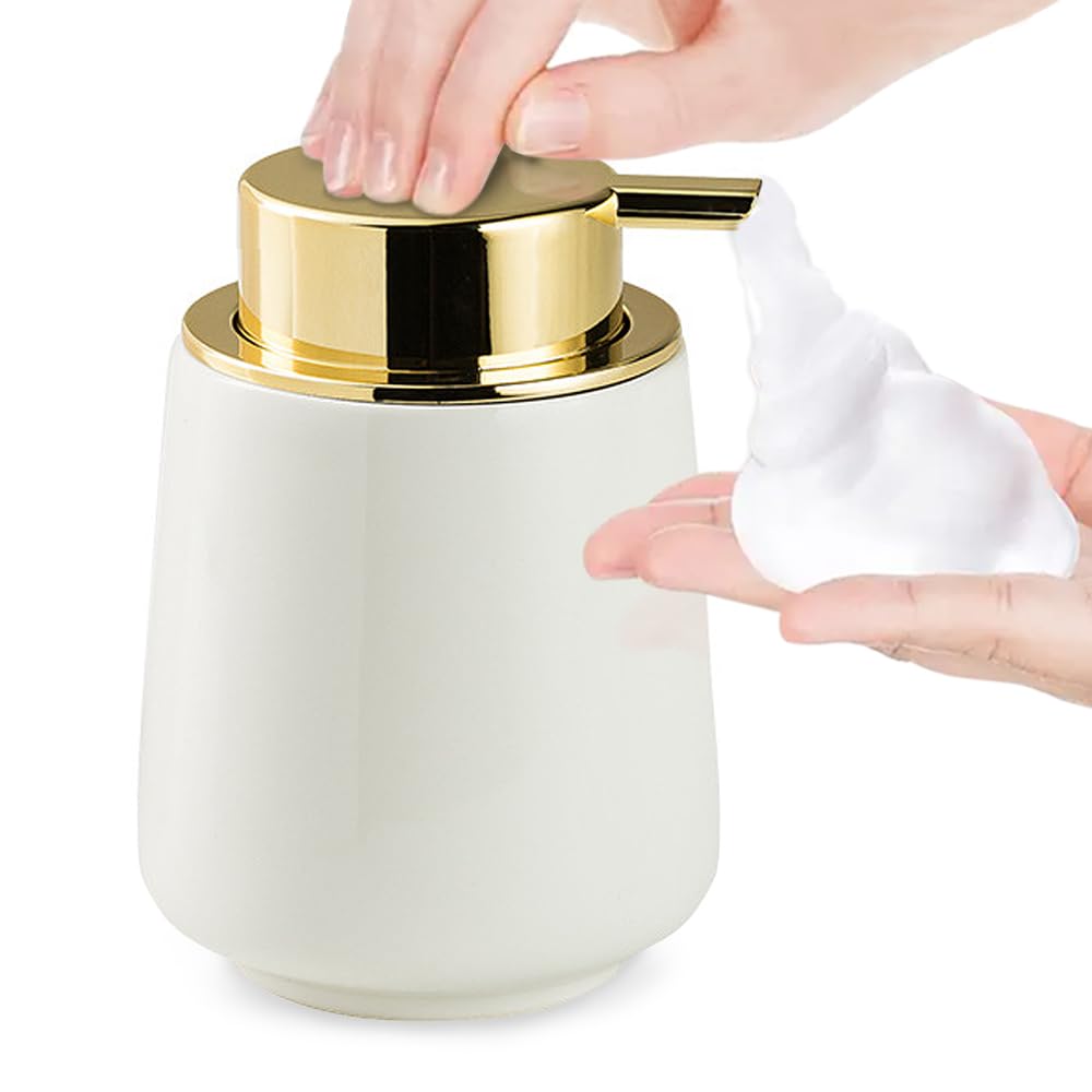 Jolof Store White Ceramic Foaming Soap Dispenser with Gold Pump