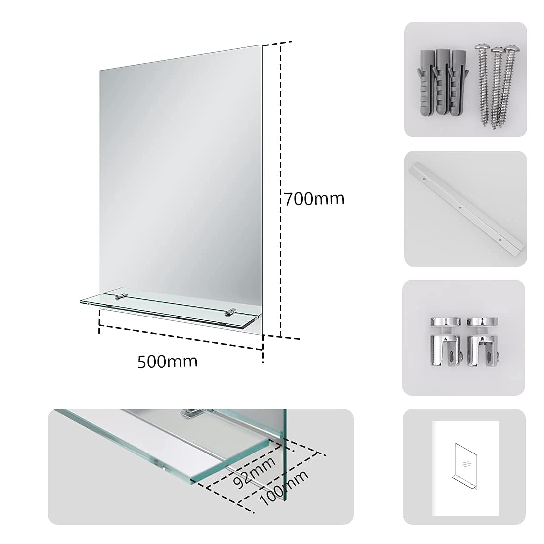 EMKE Frameless Bathroom Mirror with Shelf - 50x70cm Wall Vanity Mirror
