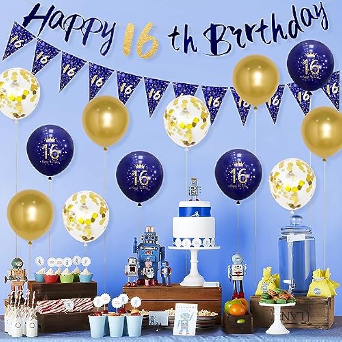 Wonsta Boys 16th Birthday Decorations – Navy Blue and Gold Banner Kit