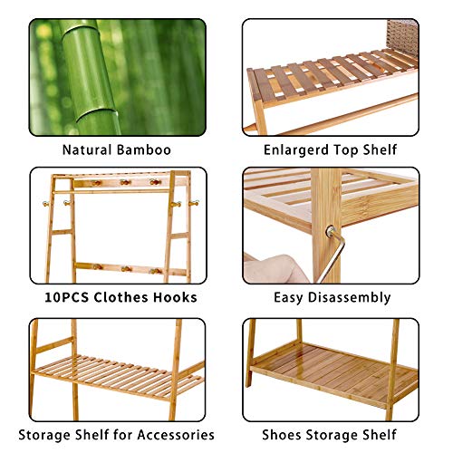 unho Bamboo Garment Rack - Free Standing Clothes Rail with 3 Shelves
