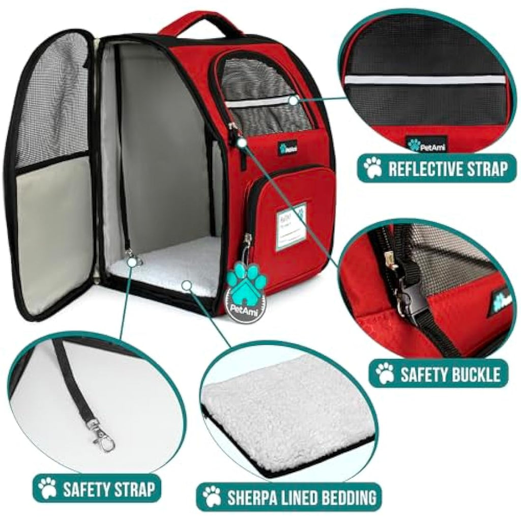 PetAmi Dog Backpack Carrier | Ventilated Airline Approved Hiking Bag - Red