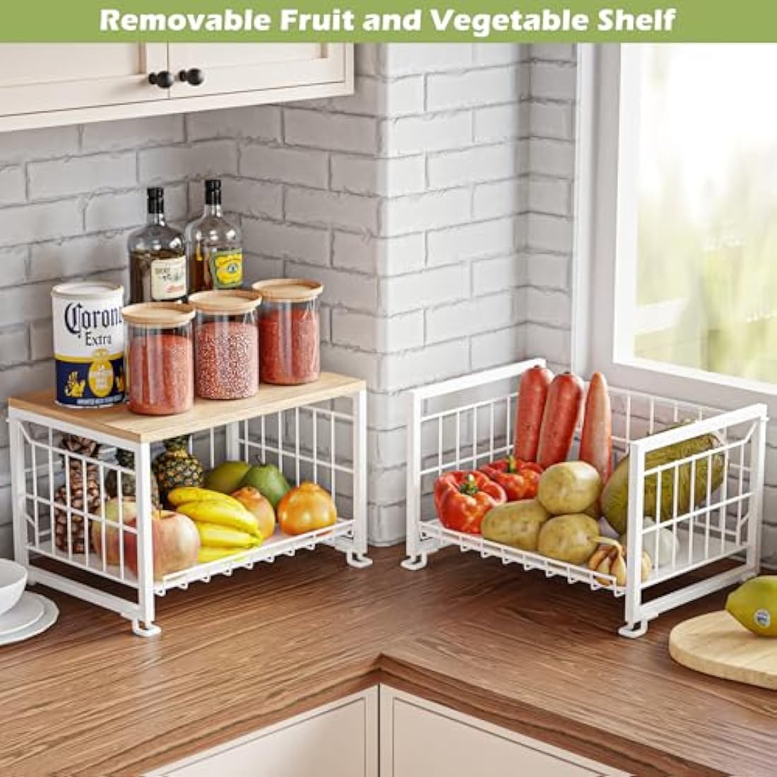 UMDONX 3-Tier Kitchen Fruit Basket – Metal Vegetable Storage Rack with Wood Top