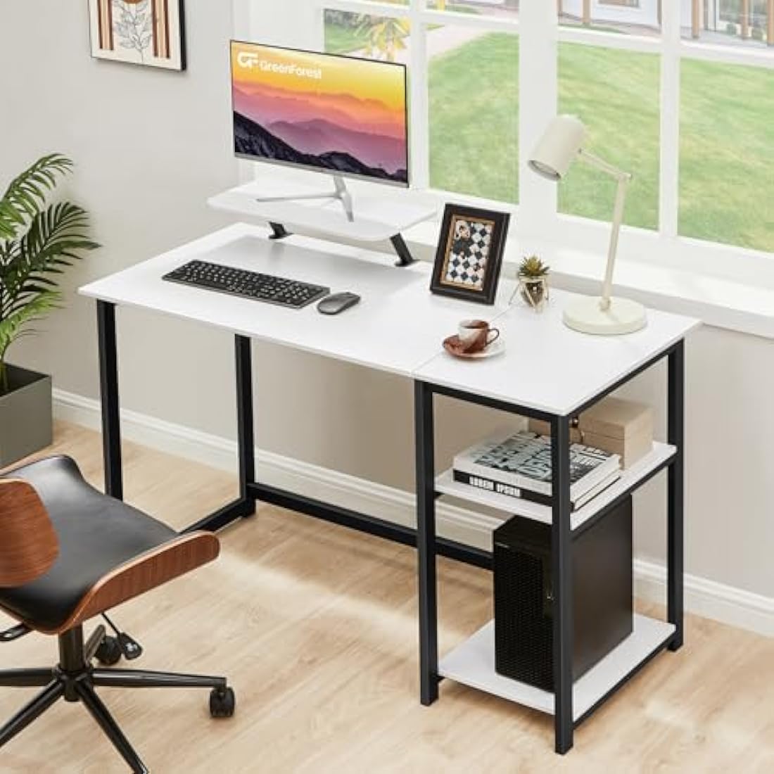 GreenForest Computer Desk with Monitor Stand and Reversible Shelves
