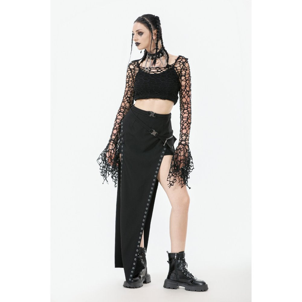 Dark in Love Morana Black Mesh Crochet Knit Bell Sleeve Crop Top