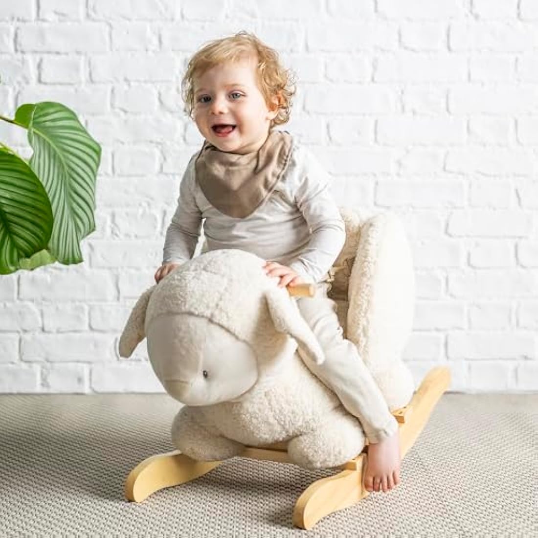 Nattou Ecru Sheep Wooden Rocker | Padded Vegan Teddy Fabric Seat