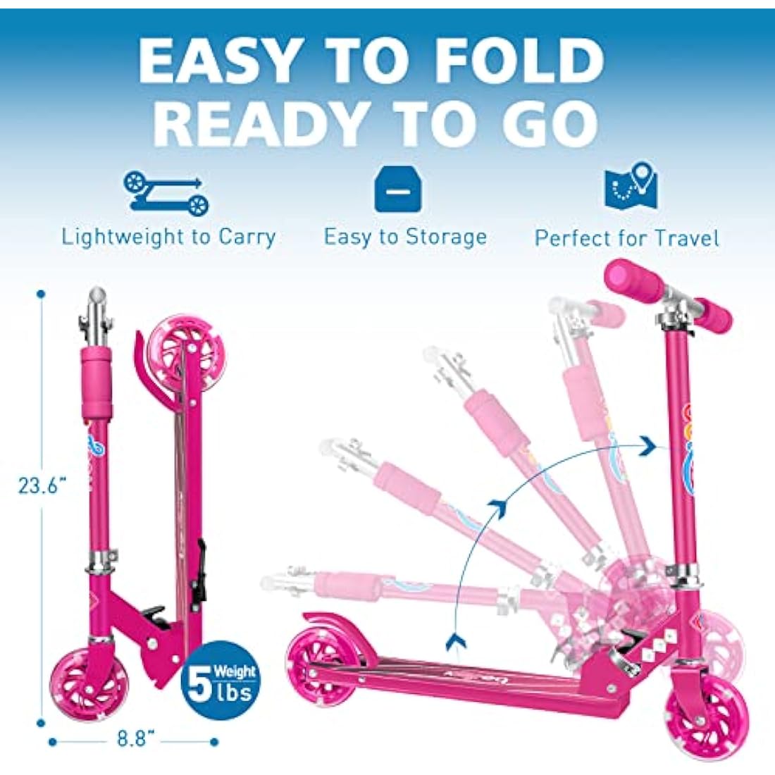 BELEEV V1 Kids Folding Kick Scooter | 2-Wheel Light Up Scooter for Ages 3-12