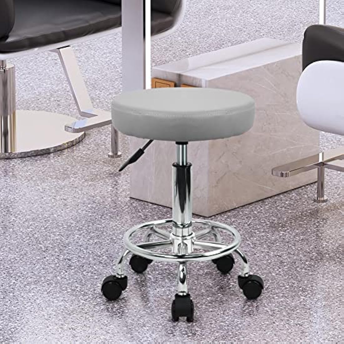 KKTONER Gray PU Leather Rolling Stool – Adjustable Swivel Salon Chair