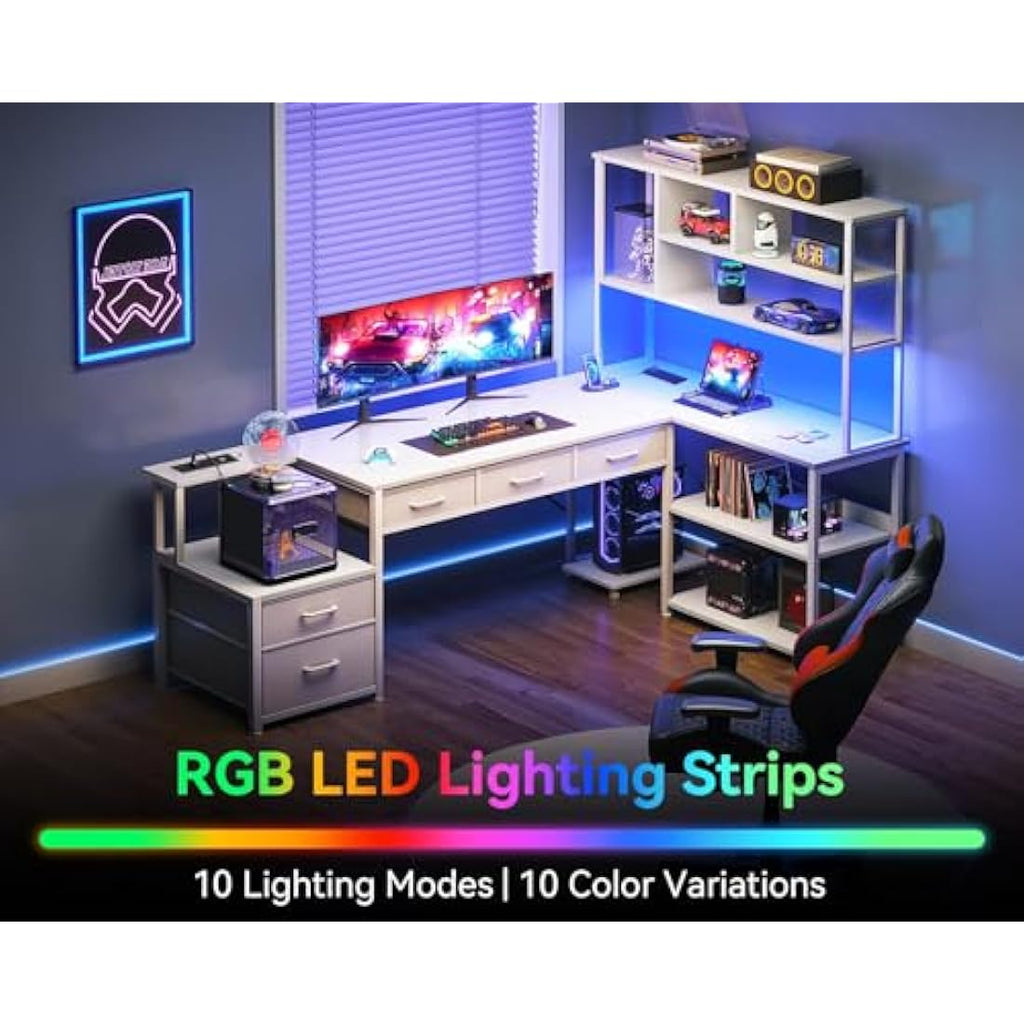 Coleshome L-Shaped Computer Desk with LED Lights & 5 Drawers, White