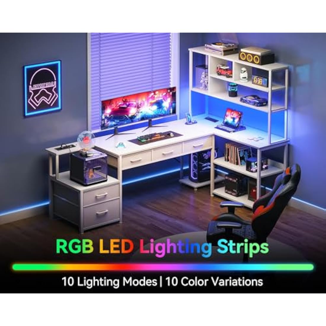 Coleshome L-Shaped Computer Desk with LED Lights & 5 Drawers, White