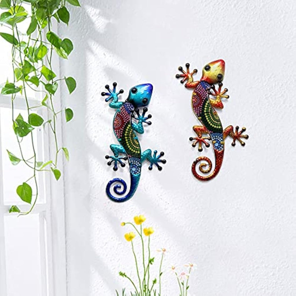 Jolof Store Metal Gecko Wall Art – 15 Inch Glass Lizard Decor, Set of 2