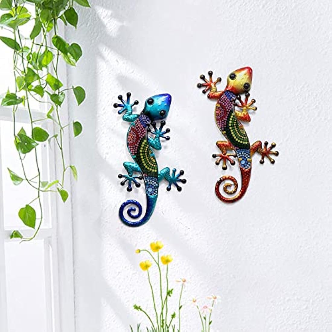 Jolof Store Metal Gecko Wall Art – 15 Inch Glass Lizard Decor, Set of 2