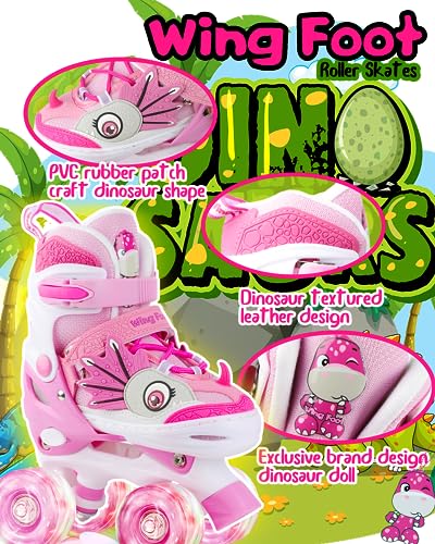 WESKIFAN Kids Dinosaur Roller Skates | Adjustable Quad Shoes with Light Up Wheels