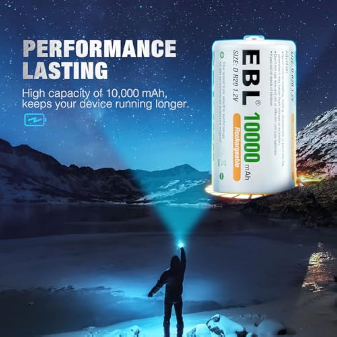 EBL D Cell Rechargeable Batteries | 10000mAh NiMH 6-Pack with Case
