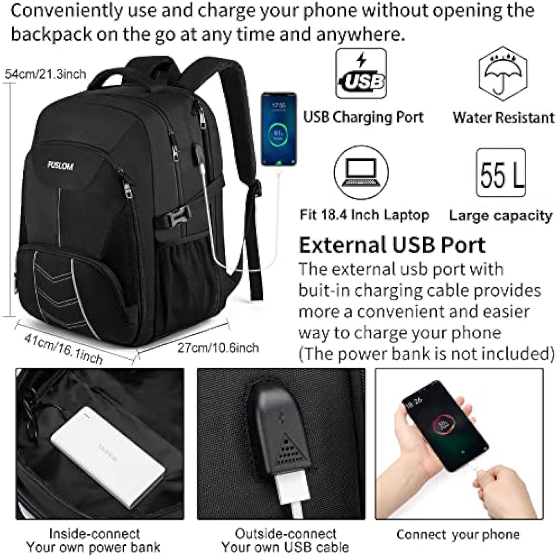 Jolof Store 55L Travel Laptop Backpack – 18.4 Inch TSA Approved Black