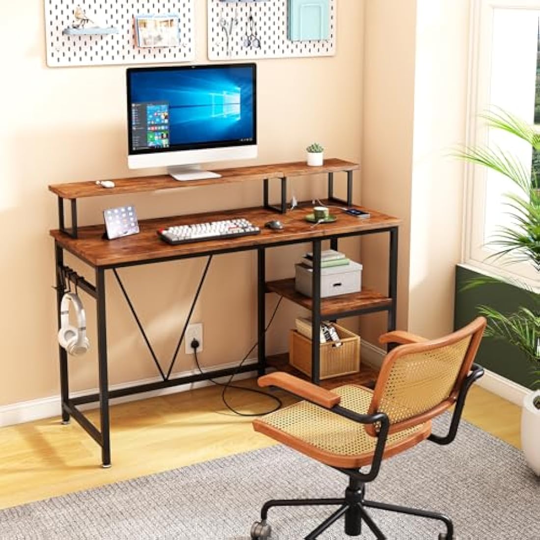 Dripex Computer Desk with Power Outlet, Monitor Stand & Reversible Shelves