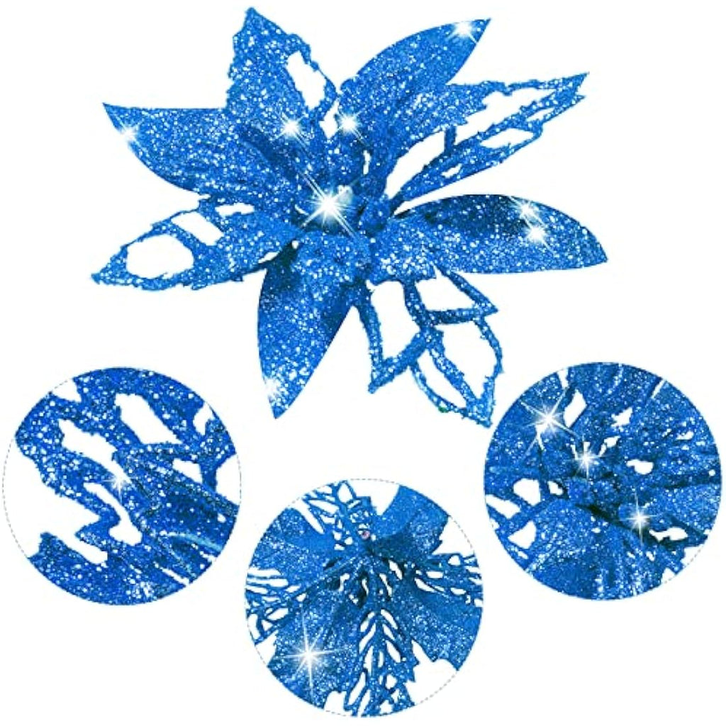 Blue Glitter Artificial Poinsettia Flowers - 24 Piece Set