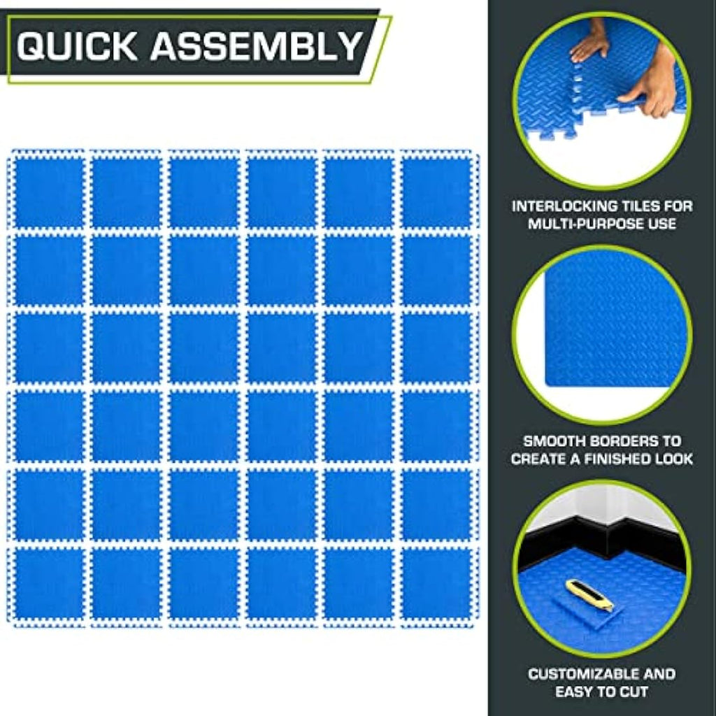 ProsourceFit Puzzle Exercise Mat – 1/2 Inch EVA Foam Tiles, Blue, 144 Sq Ft